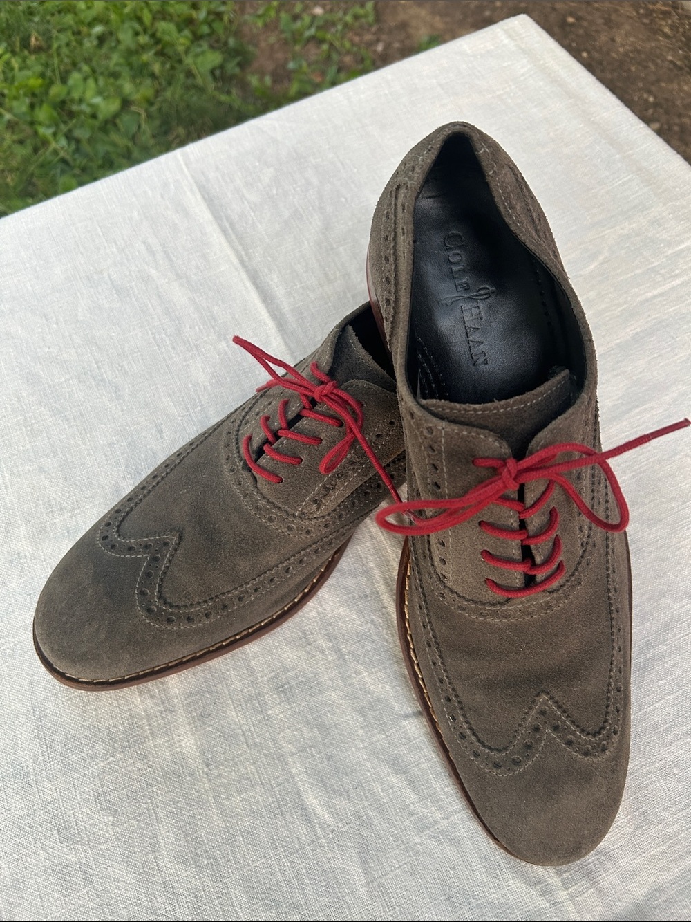 Cole Haan gray Suede Wingtip Oxfords with Red Laces